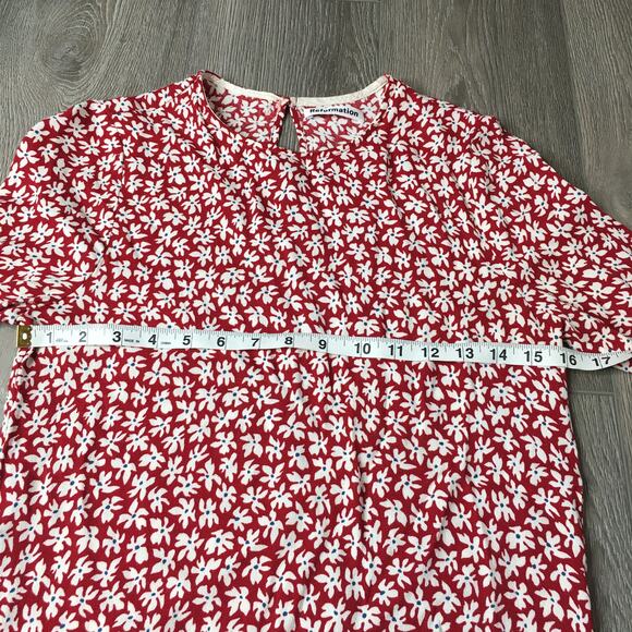 Reformation Midi Dress Floral Short Sleeve Viscose Blend USA Made Red Medium - Picture 4 of 7